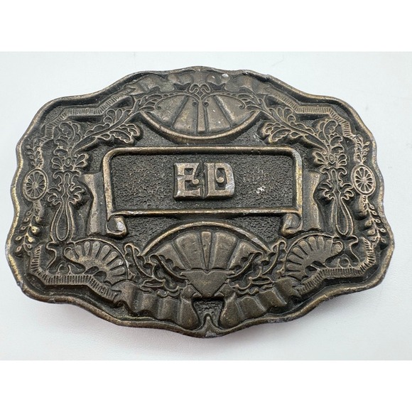 The Unbranded Brand Accessories - Vintage Nocona "ED" Nameplate Belt Buckle Western Style Floral Brass Finish